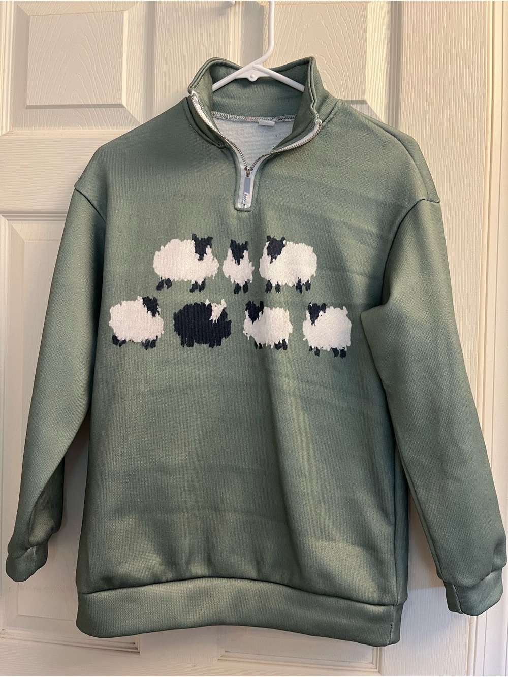 #25 Women’s Sage Green Quarter-Zip Sweatshirt with Sheep Motif Small